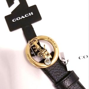 *NEW* COACH Black Leather 1" Belt w/ Round Brass Horse & Carriage Buckle SzSmall